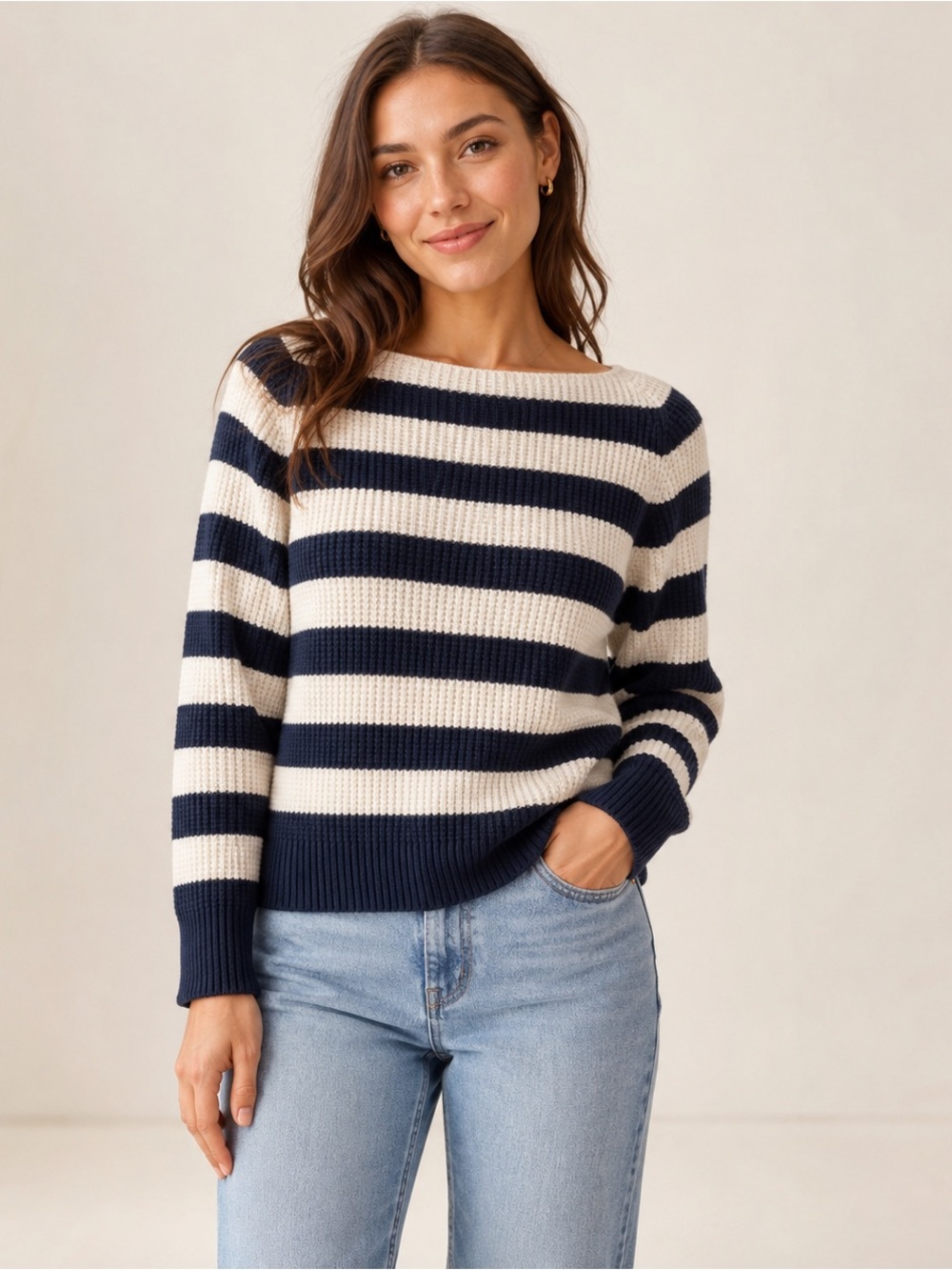 Gap Navy & Ivory Striped Boatneck Knit Sweater 
Size M